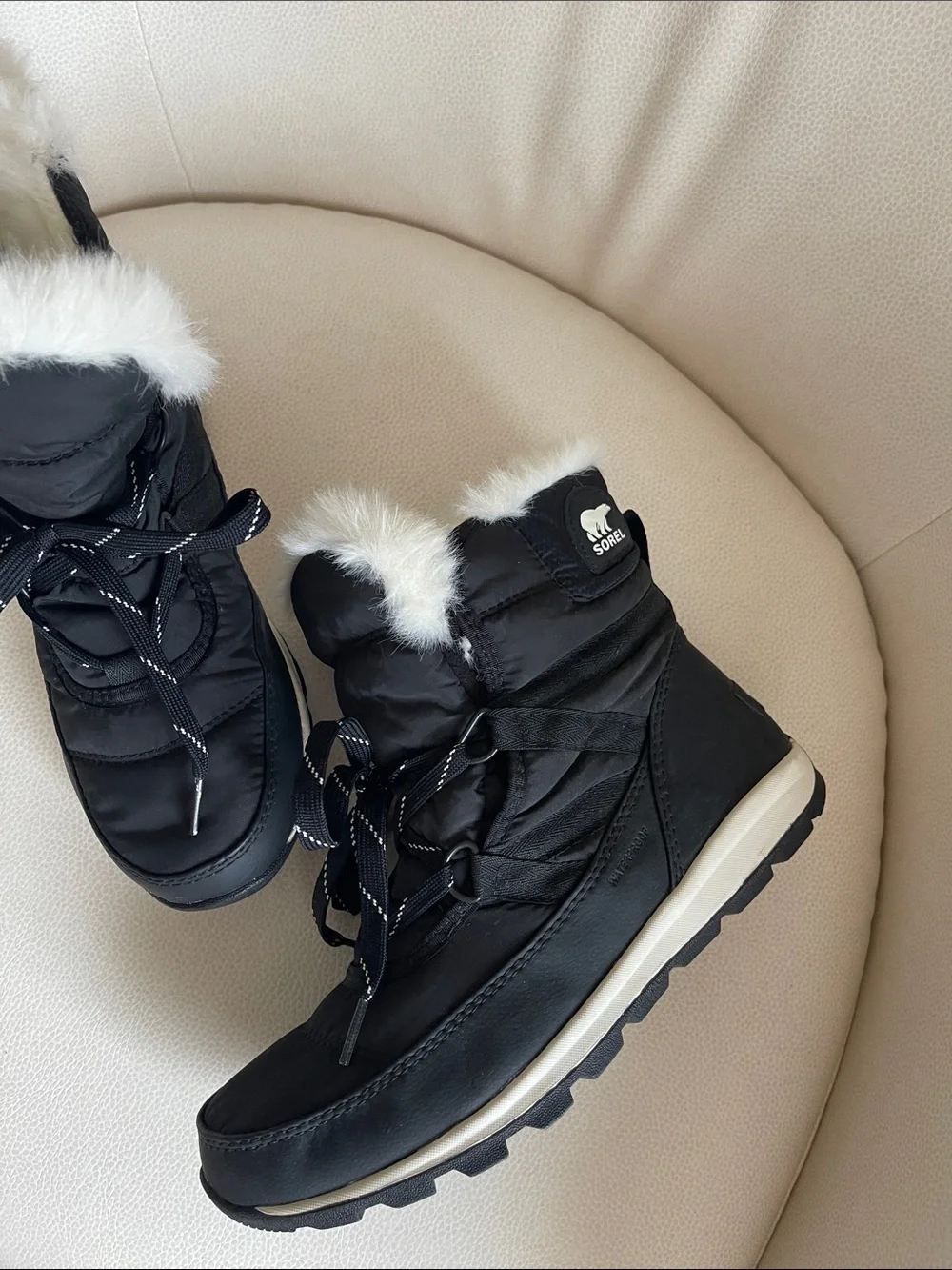 Sorel Women's Whitney Short Lace Black Snow Boots with White Faux Fur Trim